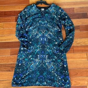 CAbi Noel shift dress long sheer sleeves blues and green floral print S